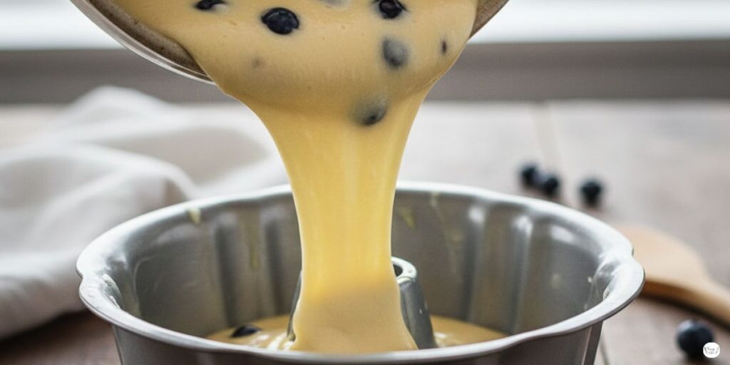 Pouring blueberry pound cake batter into loaf pan