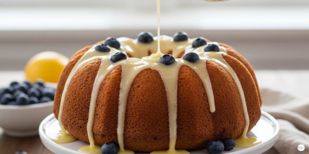 Drizzling lemon glaze over blueberry pound cake