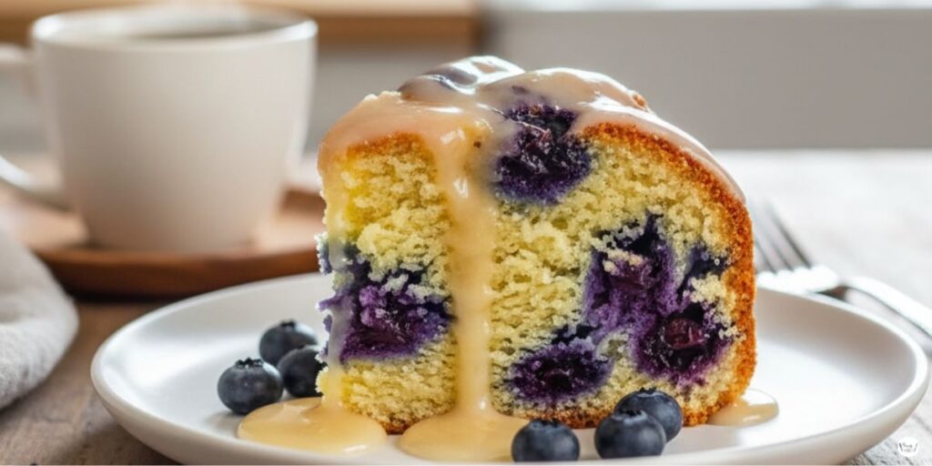Sliced: “Sliced blueberry pound cake with lemon glaze served with coffee”