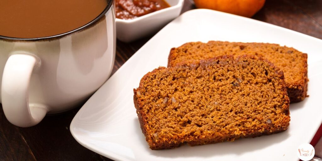Soft and moist slices of healthy gluten-free pumpkin bread served on a plate.