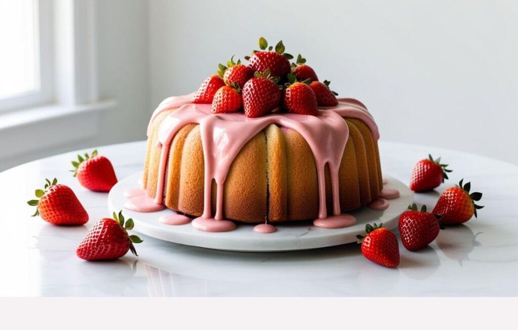 Moist and fluffy strawberry pound cake recipe with glaze on top