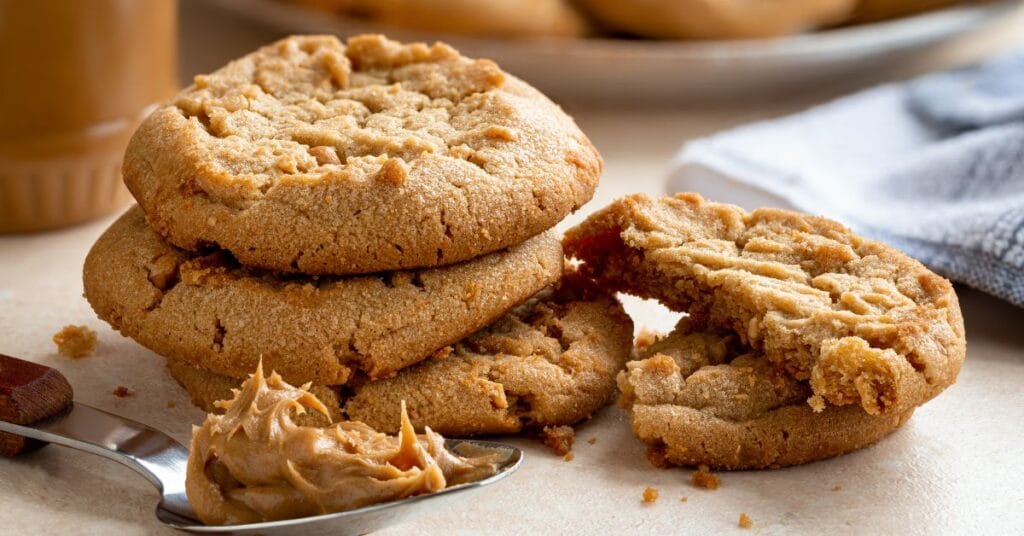 4 ingredient peanut butter cookies served with peanut butter spoon