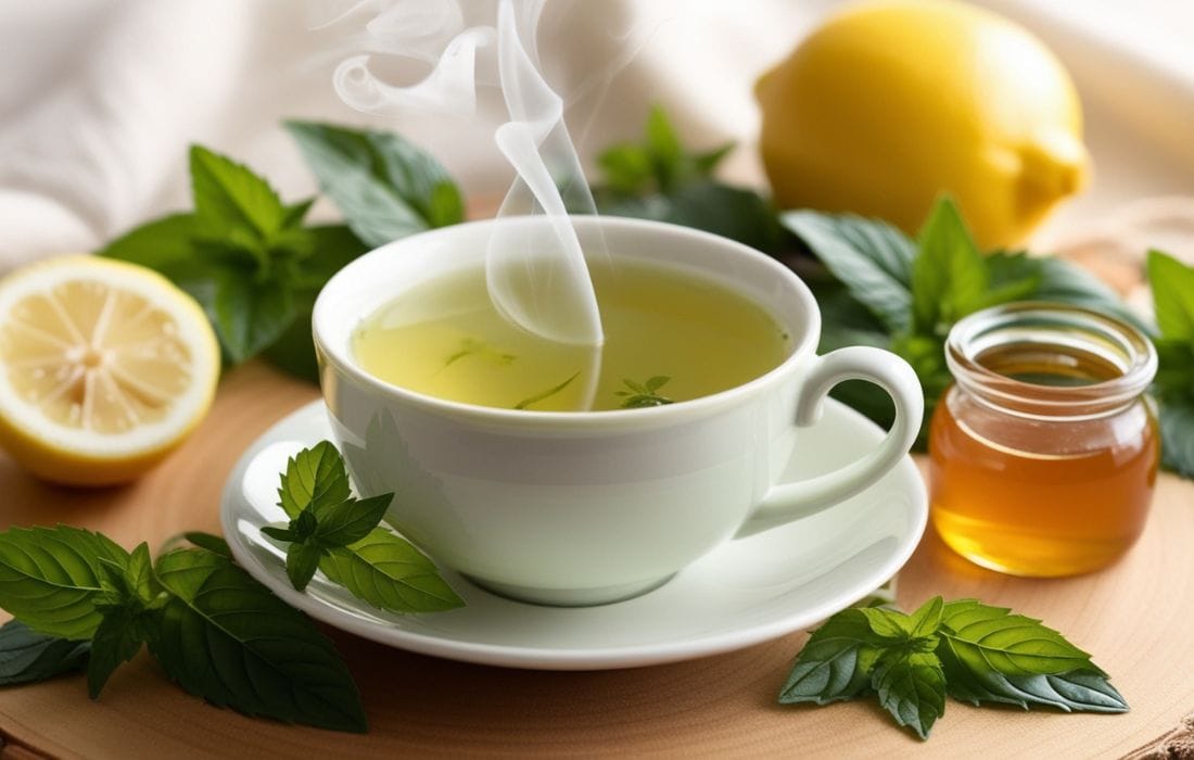A refreshing cup of Lemon Balm Tea for weight loss, made with lemon balm leaves, ginger, honey, and fresh lemon juice, served in a cup.