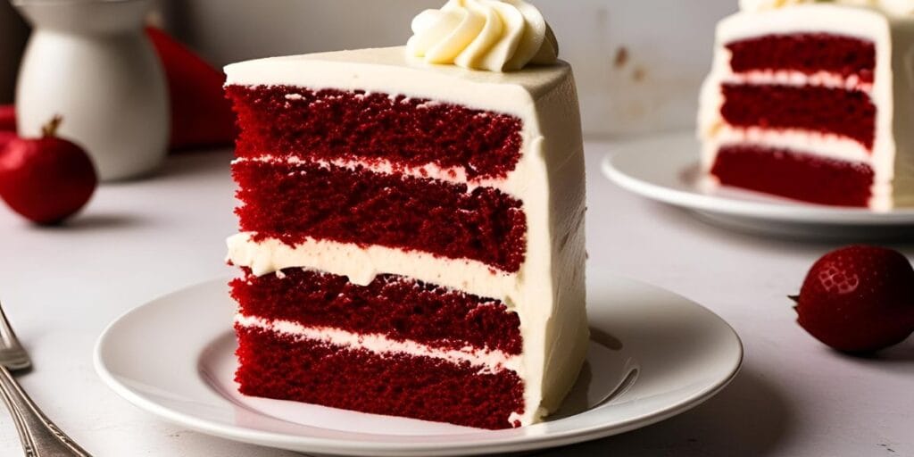 A slice of homemade red velvet cake with creamy frosting on a plate.