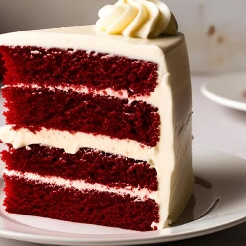 A slice of homemade red velvet cake with creamy frosting on a plate.