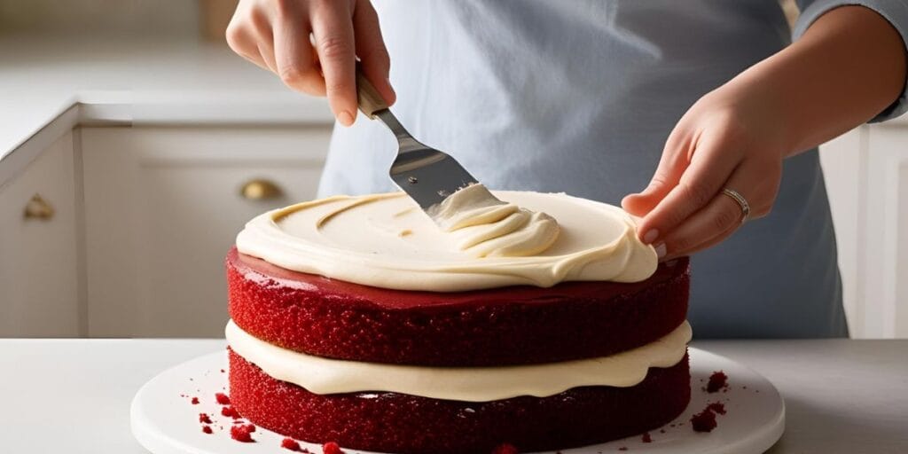 Frosting red velvet cake with creamy white icing.