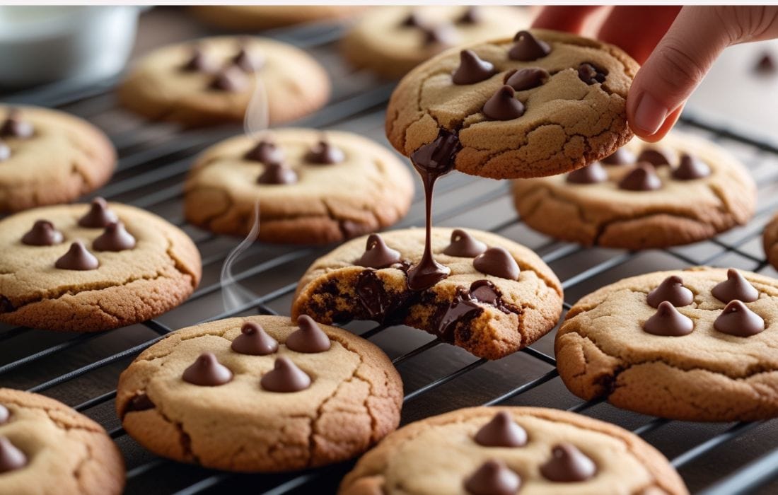 Freshly baked almond flour chocolate chip cookies cooling on a wire rack