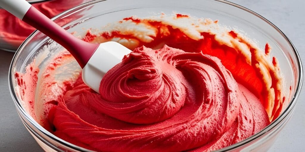 Mixing red velvet cake batter with a spoon in a glass bowl.