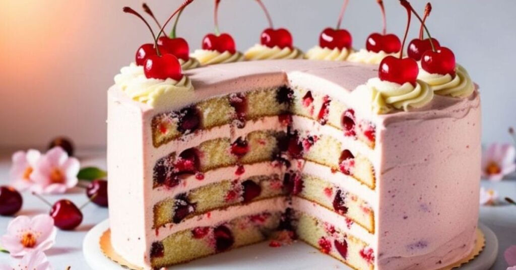 Moist homemade cherry chip cake with cherry buttercream frosting