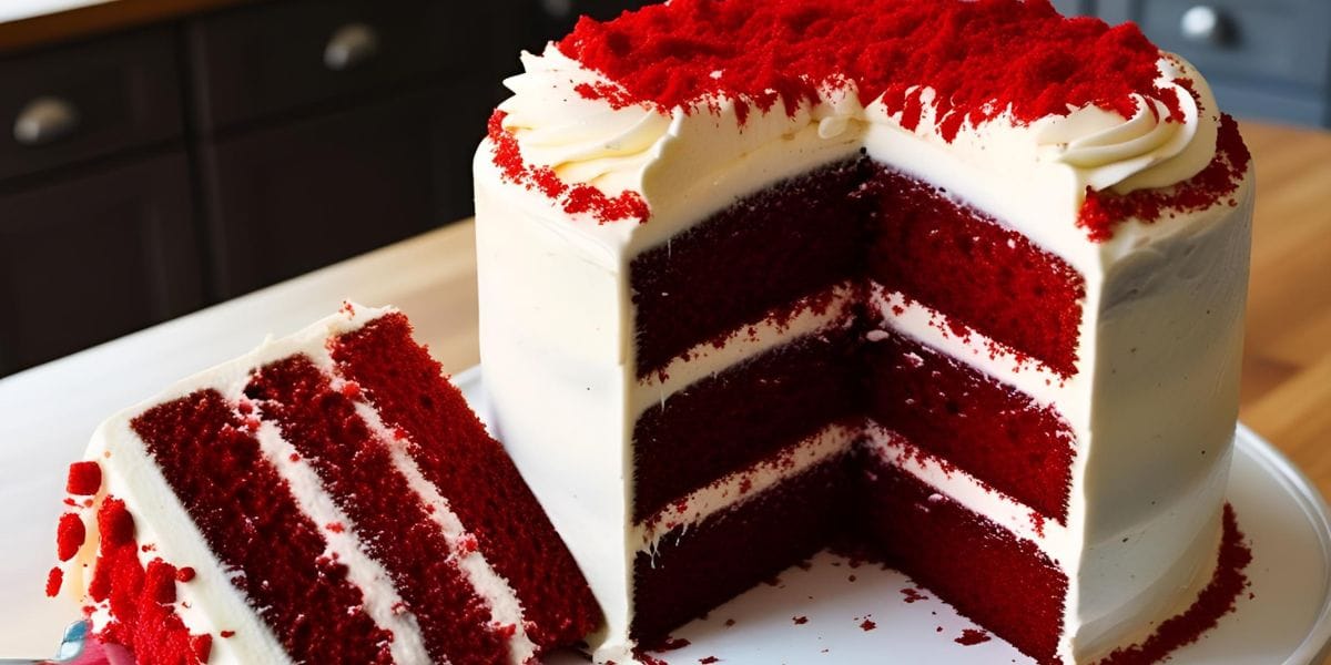 Sliced red velvet cake showing red layers and frosting.