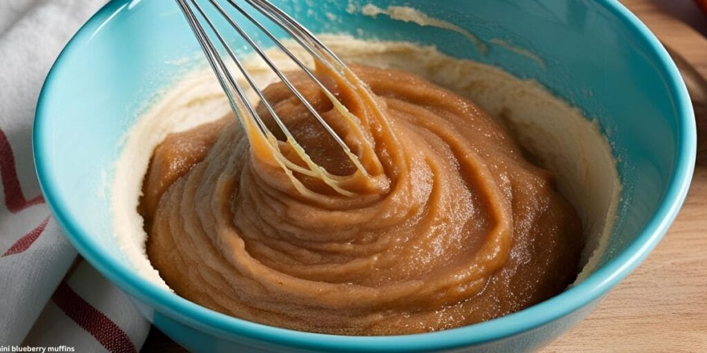 Whisking applesauce cake batter in a bowl.