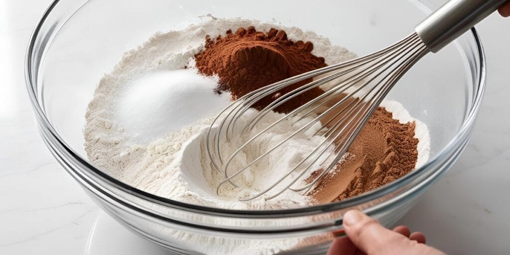 Whisking dry ingredients for red velvet cake in a mixing bowl.