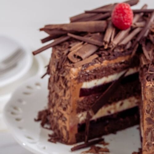 Rich moist triple chocolate layer cake with creamy frosting on top