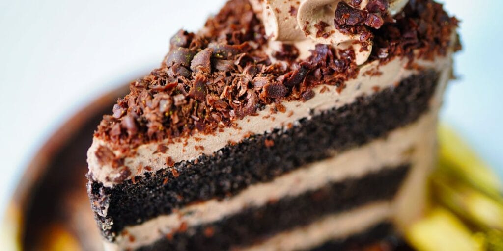 A rich slice of triple chocolate cake showing moist layers with chocolate frosting and chocolate chips on top, served on a plate