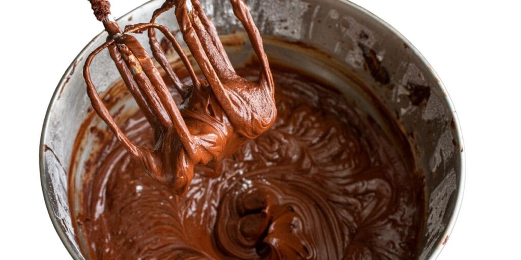 Smooth and glossy chocolate frosting spread evenly over the triple chocolate cake, ready to serve