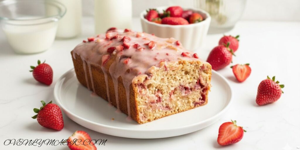 Pink strawberry glaze being drizzled over freshly baked strawberry bread loaf
