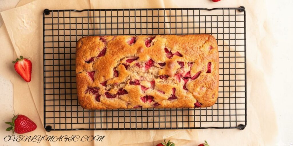 Pink strawberry glaze being drizzled over freshly baked strawberry bread on a wire rack