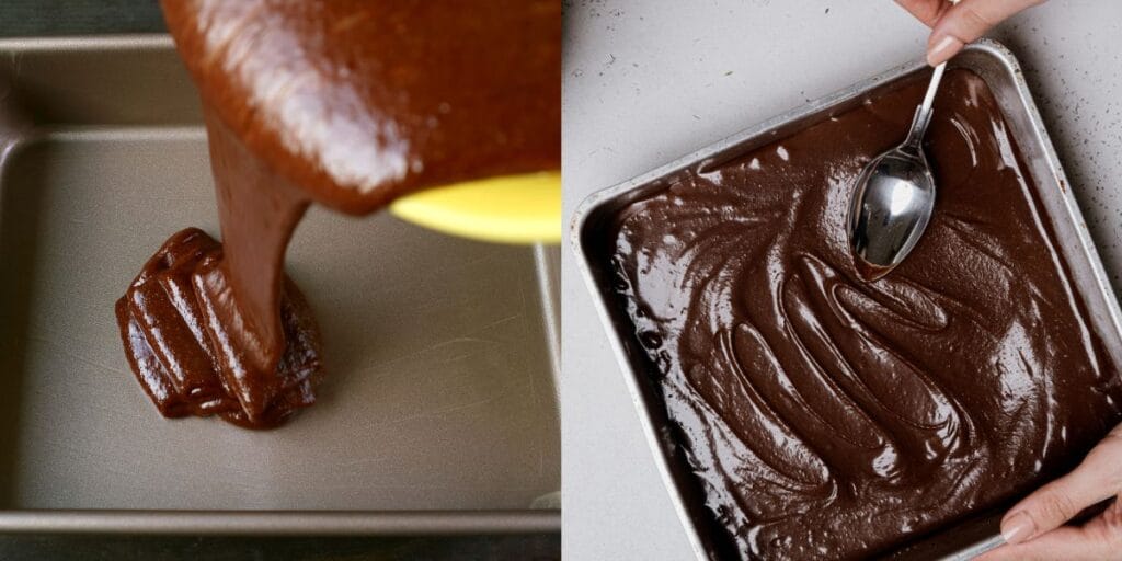 Pouring smooth triple chocolate cake batter into a round cake mold, ready for baking