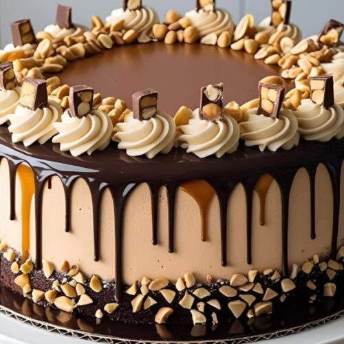 Slice of Snickers chocolate cake with caramel drip, marshmallow filling, salted peanuts, and rich chocolate frosting.