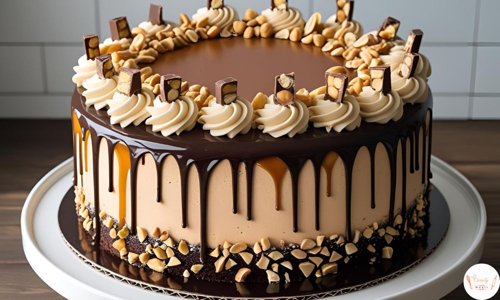 Homemade Snickers cake topped with chocolate ganache, caramel drips, and peanut butter frosting