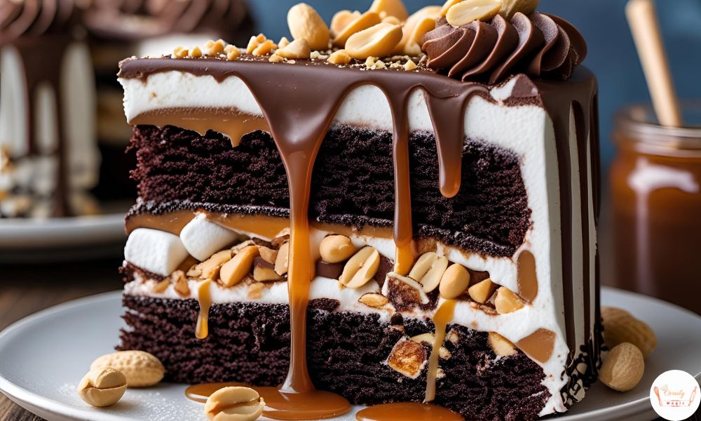 Slice of moist Snickers chocolate cake with caramel drizzle, marshmallow cream, salted peanuts, and chocolate frosting.