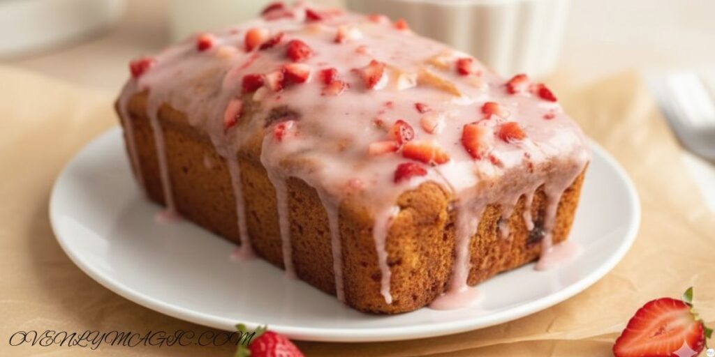 Sliced strawberry bread with pink glaze served on a plate, fresh strawberries on the side, soft and juicy”