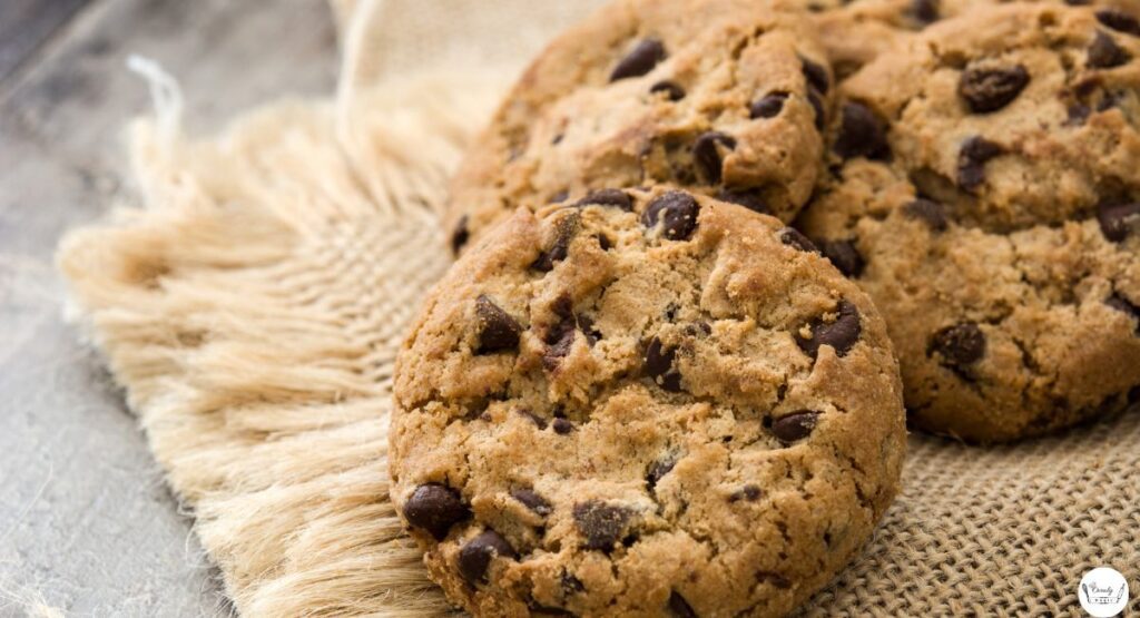 Soft and chewy almond flour chocolate chip cookies on baking tray