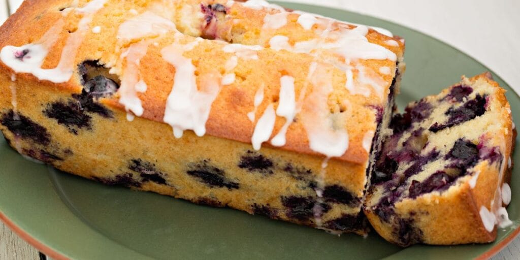 Moist lemon blueberry bread slices with juicy blueberries inside