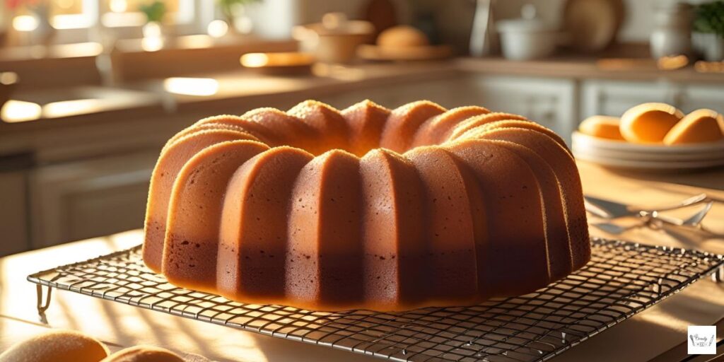 Baked strawberry cream cheese pound cake cooling on rack