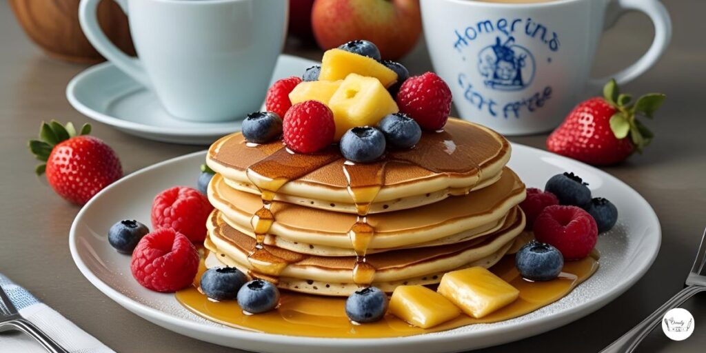 Homemade Perkins pancake recipe for breakfast with fruit and coffee