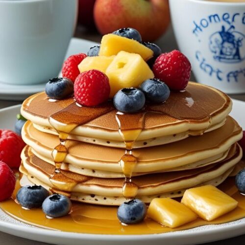 Homemade Perkins pancake recipe for breakfast with fruit and coffee