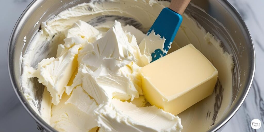 Mixing cream cheese and butter for strawberry pound cake