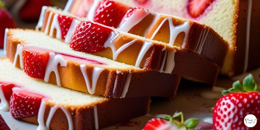 Moist strawberry cream cheese pound cake slices served