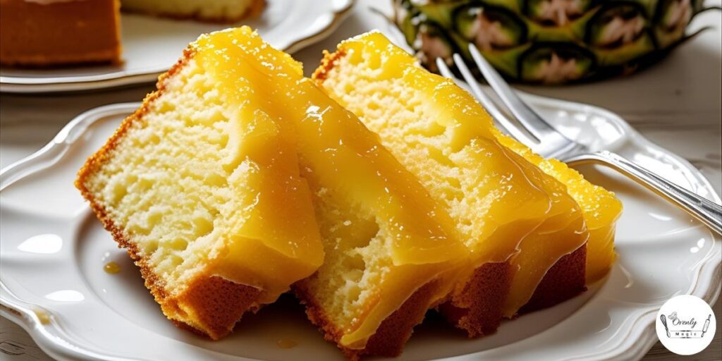 Sliced pineapple juice cake with glaze, served on a plate with a fork.
