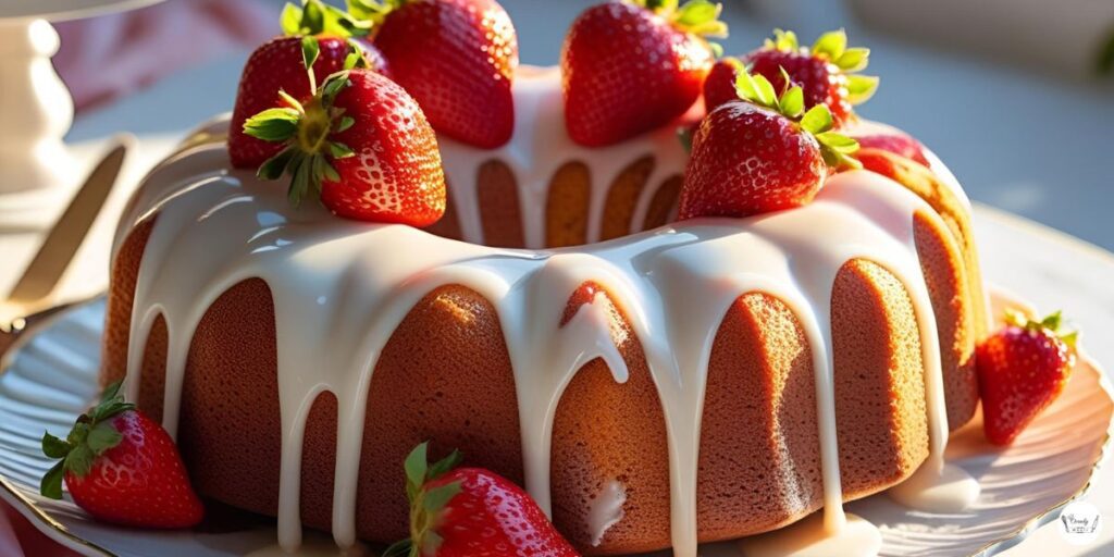 Strawberry cream cheese pound cake with swirls and glaze