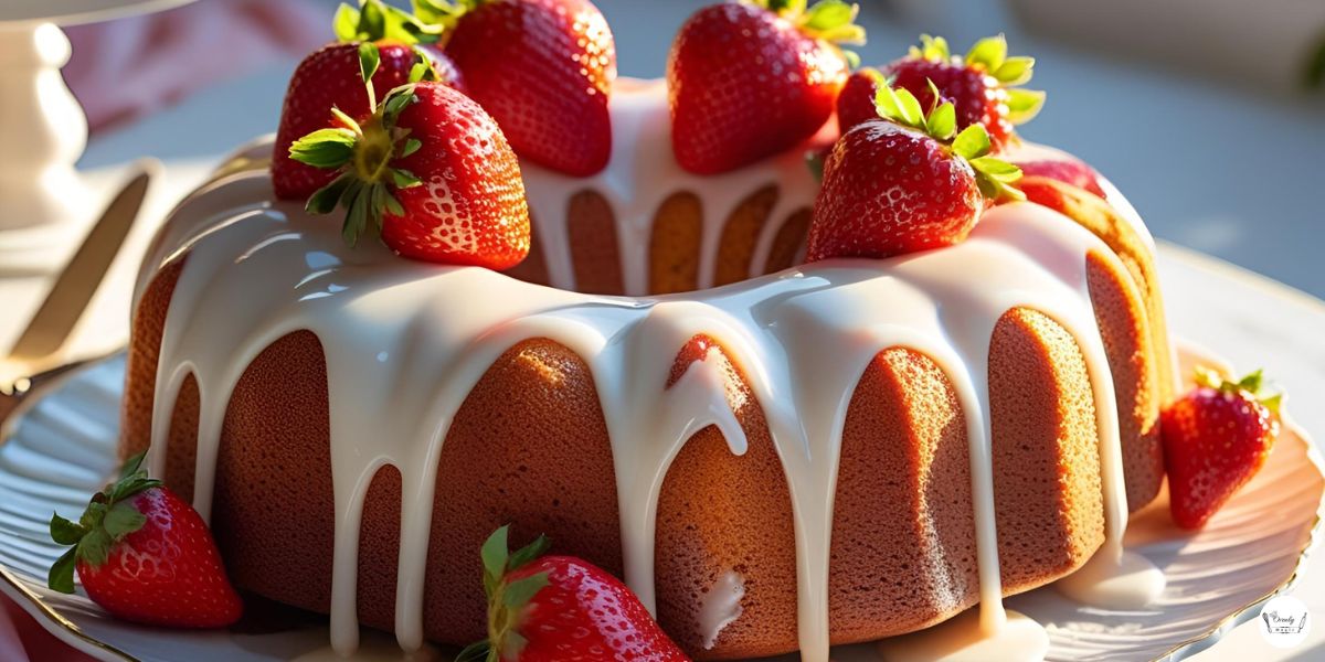 Strawberry cream cheese pound cake with swirls and glaze