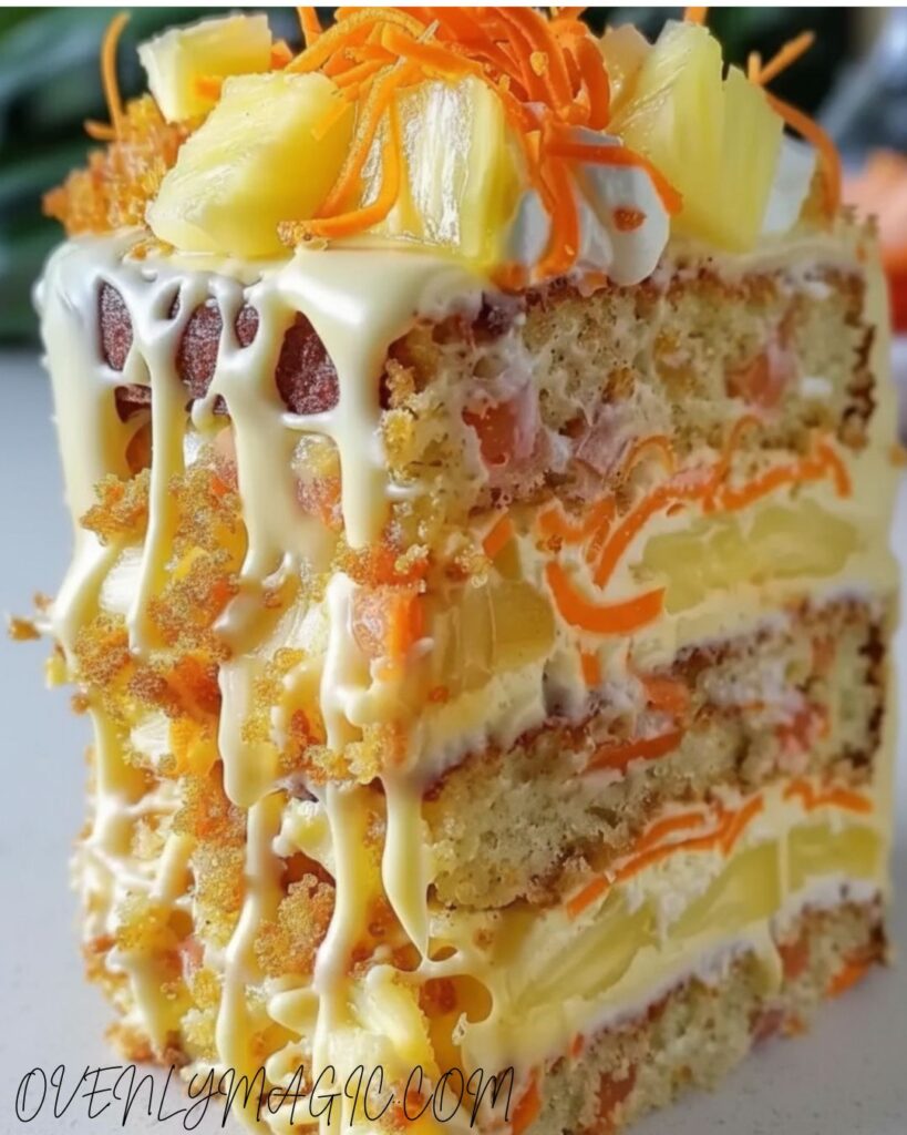 Hawaiian carrot pineapple cake made with fresh grated carrots and crushed pineapple