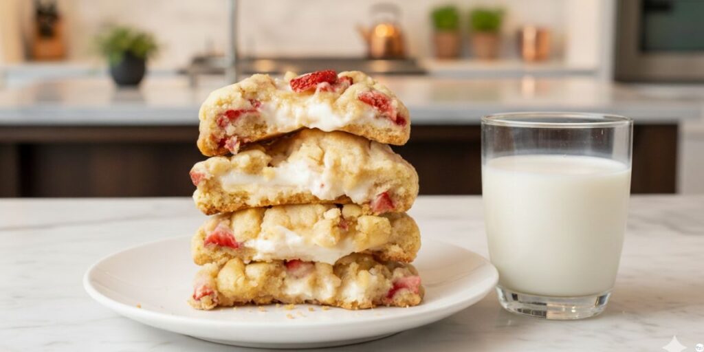 Homemade strawberry cheesecake cookies served with milk