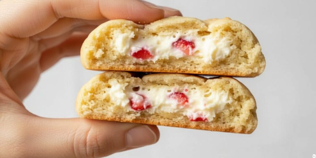 One strawberry cheesecake cookie broken in half to show soft texture