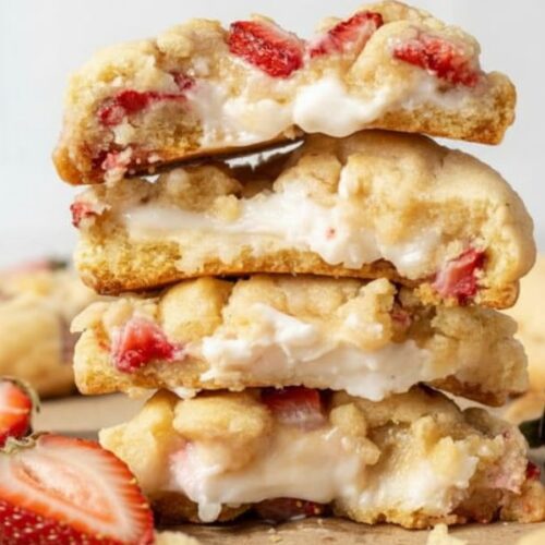 Soft and chewy strawberry cheesecake cookies with cream cheese filling