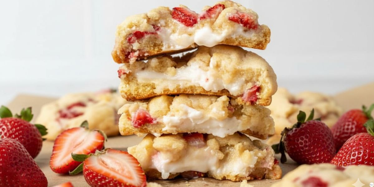 Soft and chewy strawberry cheesecake cookies with cream cheese filling