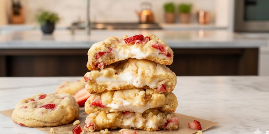 Stack of strawberry cheesecake cookies showing creamy cheesecake center