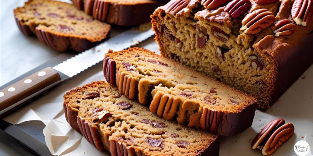 Golden-brown pecan bread cooled, sliced, and ready to eat.
