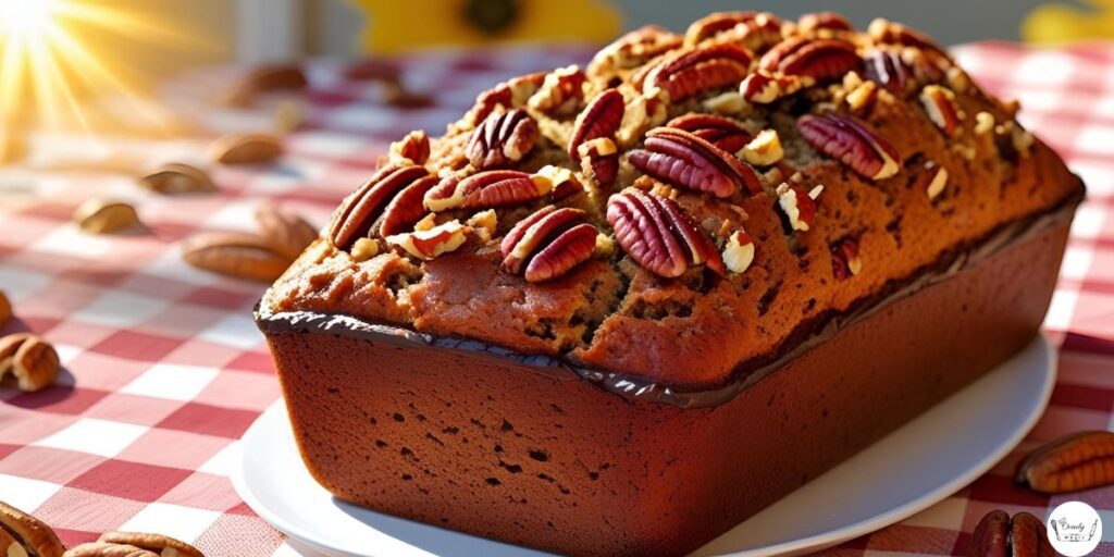 Golden-brown pecan bread cooled, sliced, and ready to eat.