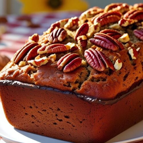 Golden-brown pecan bread cooled, sliced, and ready to eat.