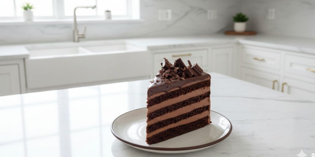 Delicious triple layer chocolate cake with rich chocolate frosting and chocolate drizzle