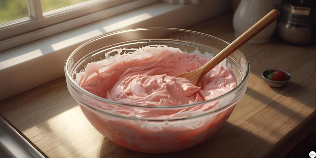 Easy strawberry honey bun cake batter in a mixing bowl ready to bake