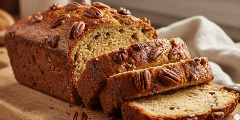 Freshly baked Sweet Alabama Pecan Bread sliced on wooden cutting board with crunchy pecans, soft buttery texture, perfect southern bread recipe