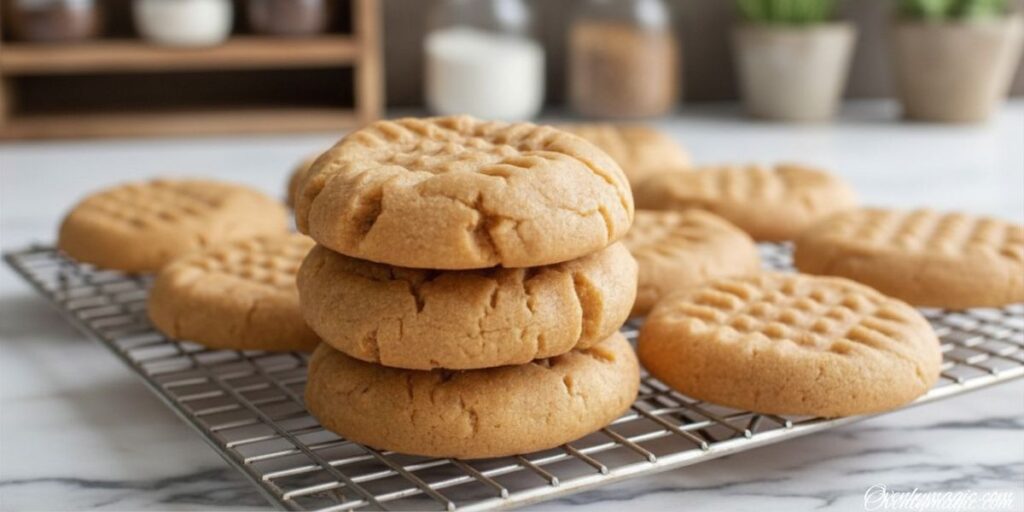Freshly baked eggless peanut butter cookies cooling on a wire rack with a golden-brown texture, styled on a white marble countertop in a bright luxury kitchen.