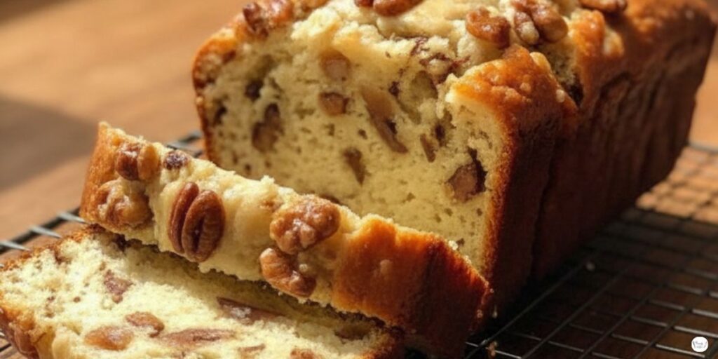 “Golden brown Sweet Alabama Pecan Bread cooling on wire rack, slices showing soft buttery texture with crunchy pecans, southern bread recipe”